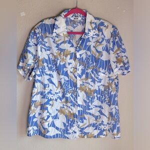 Alia Blue White Tropical Floral Embroidered Aloha Collared Short Sleeve Top 22W